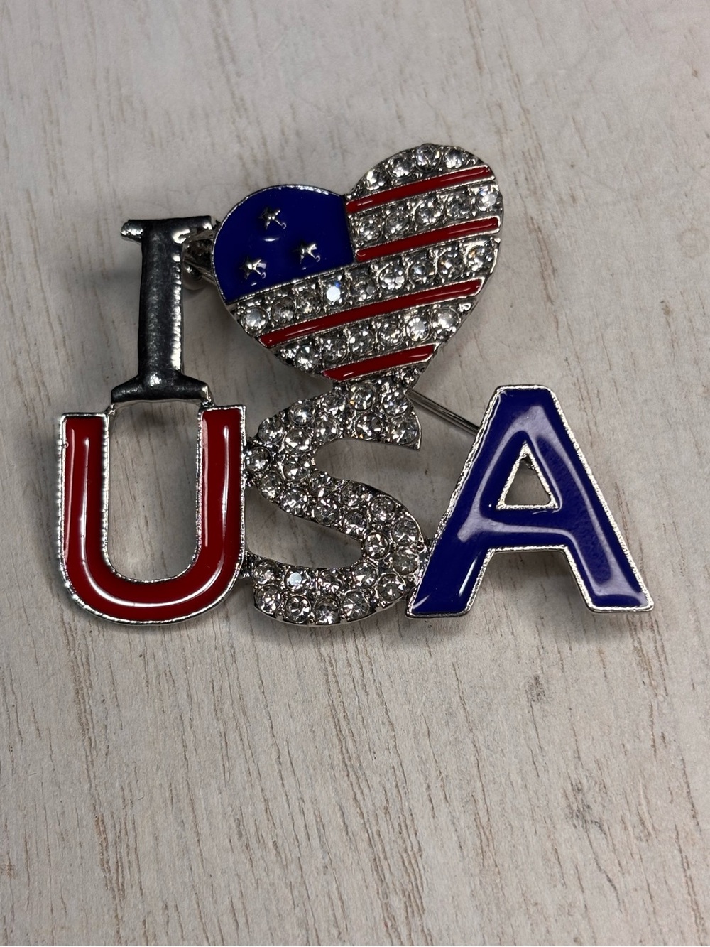 USA Heart Flag Pin Brooch - Red White Blue Silver Tone